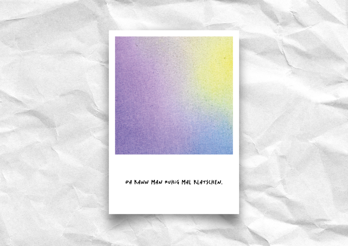 Postkarte "Da kann man ruhig mal klatschen" | Polaroid-Look Lila-Gelb-Verlauf | Recyclingpapier