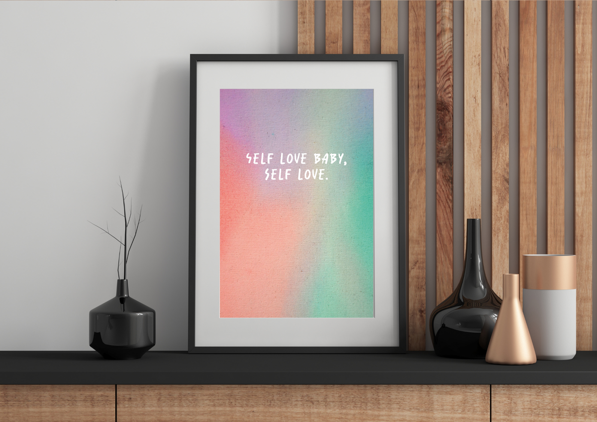 Kunstdruck "Self love baby, self love." | Poster Farbverlauf Koralle-Mint | 13x18 Recyclingpapier