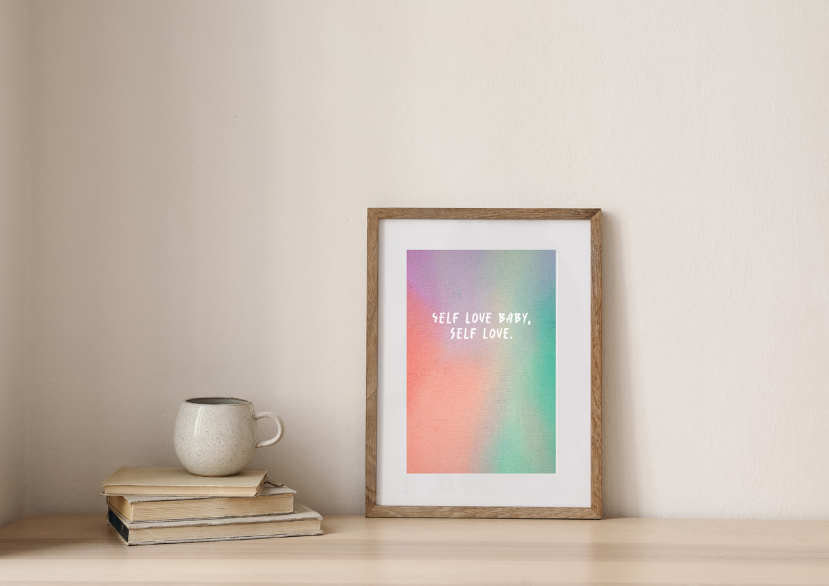 Kunstdruck "Self love baby, self love." | Poster Farbverlauf Koralle-Mint | 13x18 Recyclingpapier