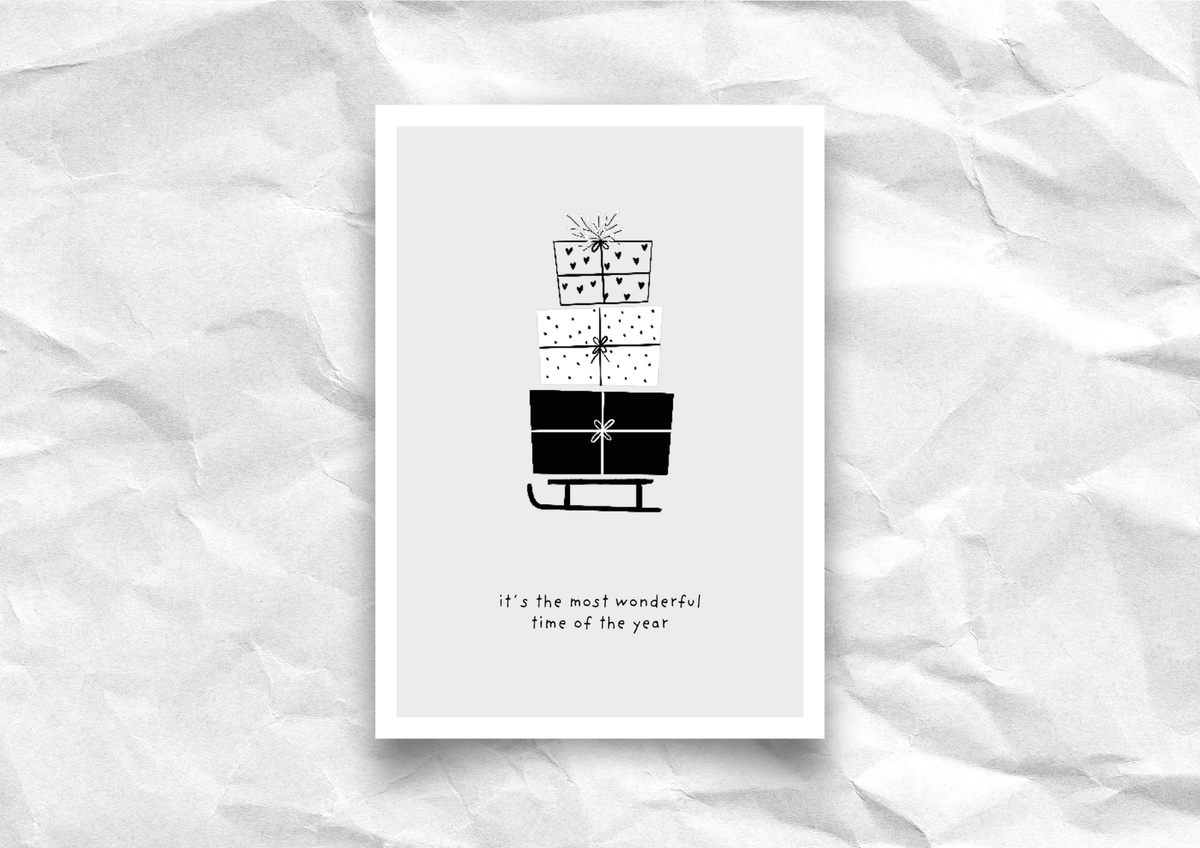 Weihnachtskarte "It's the most wonderful time of the year" | Postkarte mit Geschenke-Schlitten | Recyclingpapier